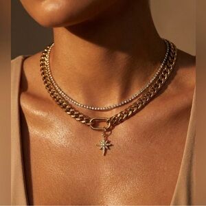 NEW 18K GOLD PLATED LUX SET “STELLAR CHAIN DUO” – TENNIS + CUBAN WITH STAR CHARM